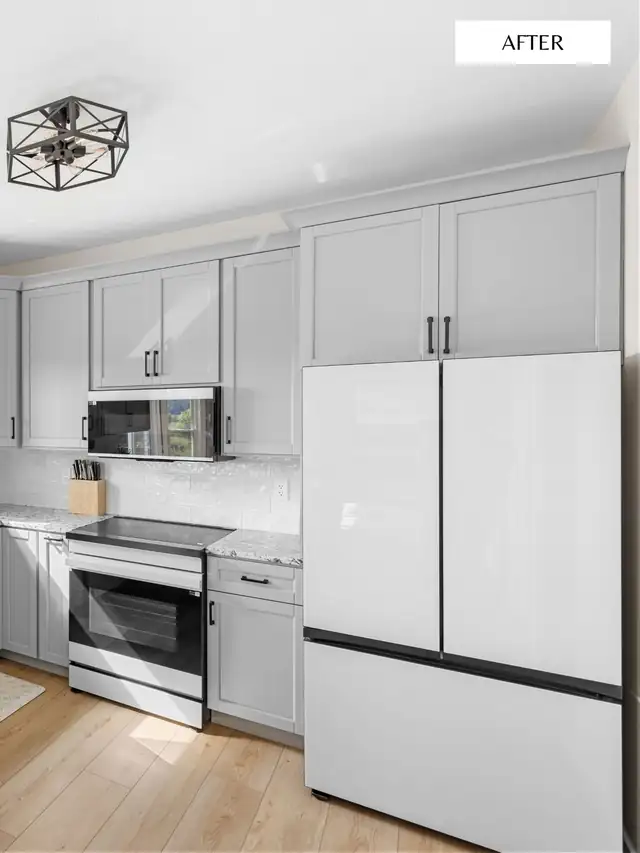 Kitchen with light gray shaker cabinets, a white French-door refrigerator and a black geometric ceiling light